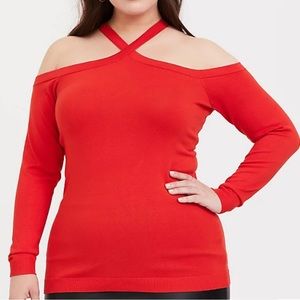 PULLOVER CROSS NECK COLD SHOULDER SWEATER
